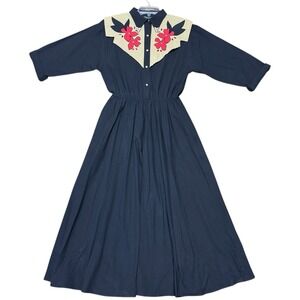 Vintage Diamond L Western Dress 13/14 Black Tan Red Appliqué USA Cotton